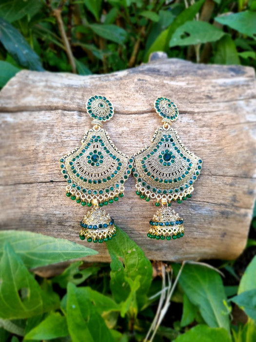 Gold jhumka with Green stone work