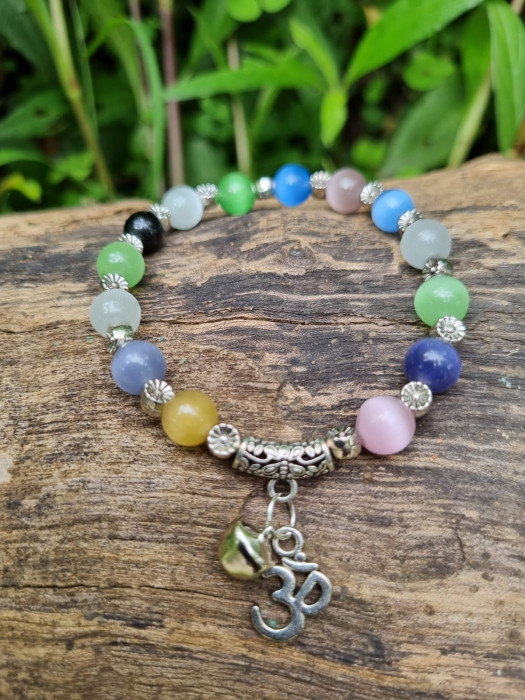 Multicolour Gemstone Bracelet with Aum and Bell